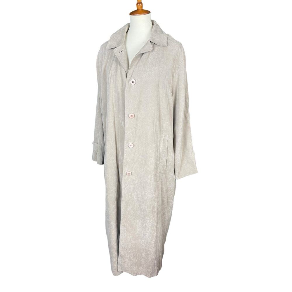 Vintage 90s London Fog Faux Suede Tan Trench Coat Size 8 Button Down w/Hood